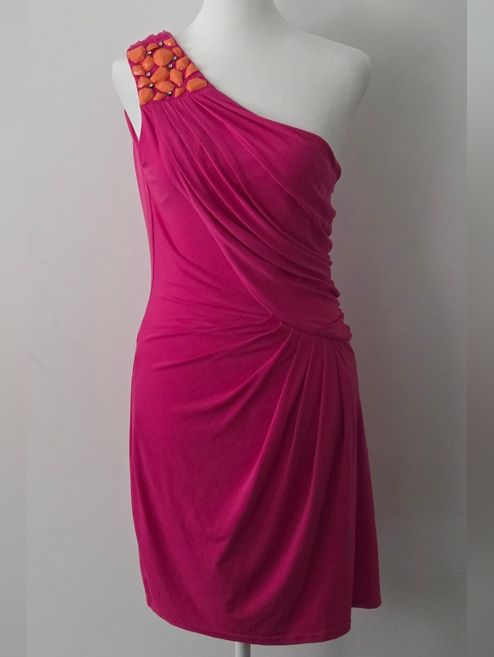 Max & Cleo One-Shoulder Magenta Dress with Orange Beaded Strap